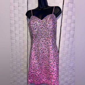Elegant Pink Sequin & Rhinestone Beaded Evening Mini Formal Dress